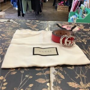 Gucci Red Leather Belt with Silver Double G Buckle